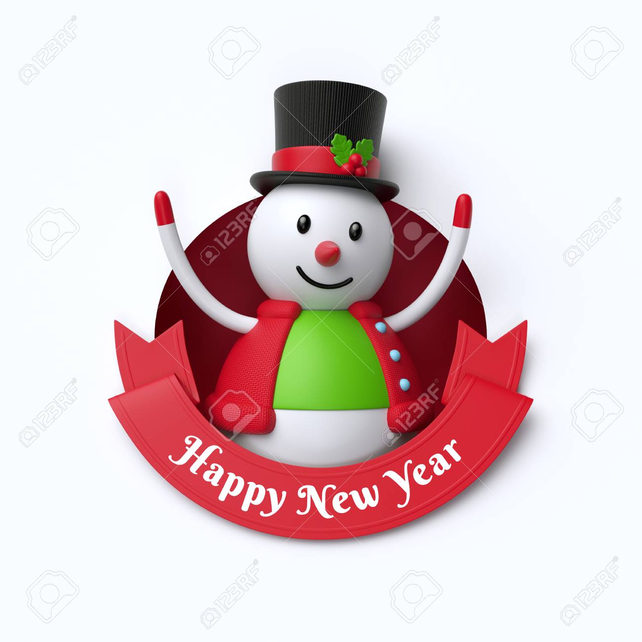 3d render, funny snowman toy, inside round hole, Happy New Year,...