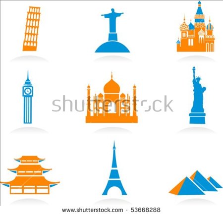 Icon Set Famous International Historical Landmark Stock Vector.