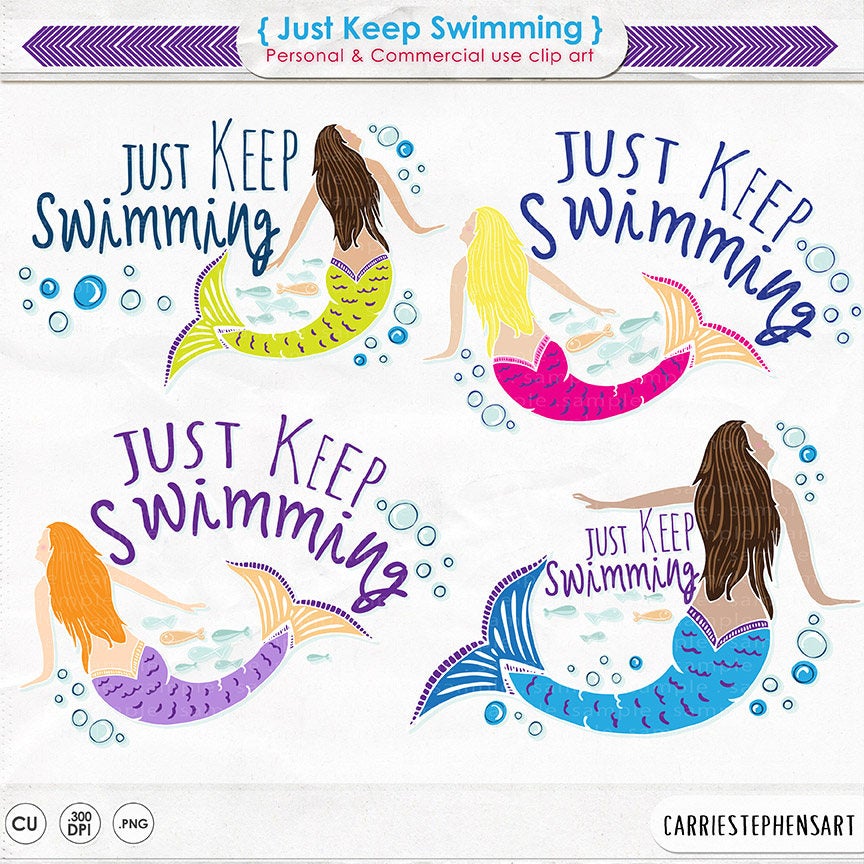 Mermaid ClipArt PNG, Just Keep Swimming Graphics, Mermaid Swim Team Gifts,  DIY Print your own Temporary Tattoos, Printable Image Transfer.