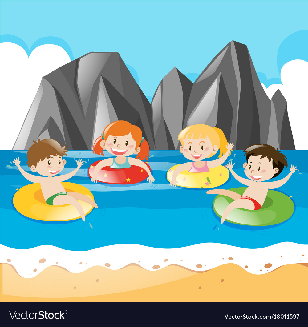 Four kids swimming in the ocean.