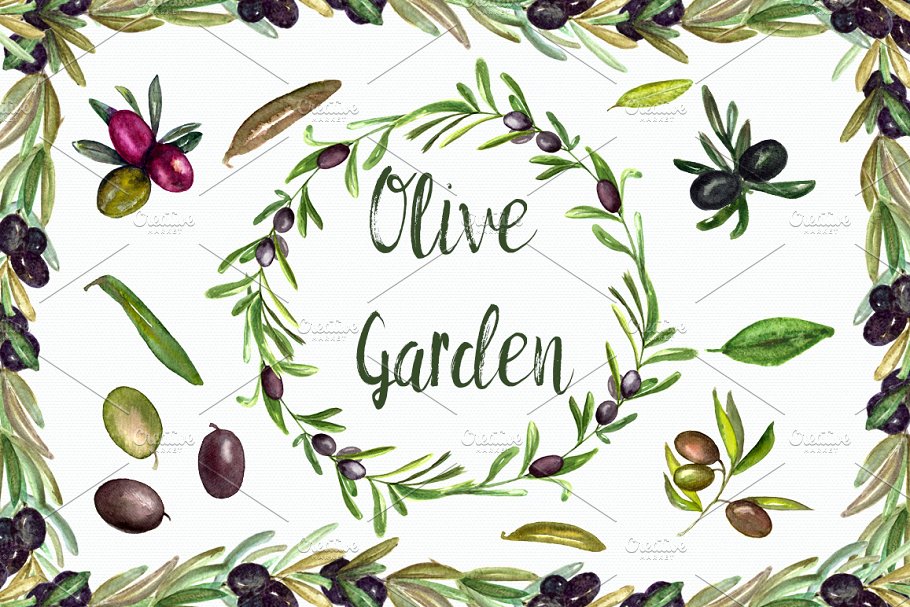 Watercolor Olive Garden Clipart ~ Graphic Objects ~ Creative.