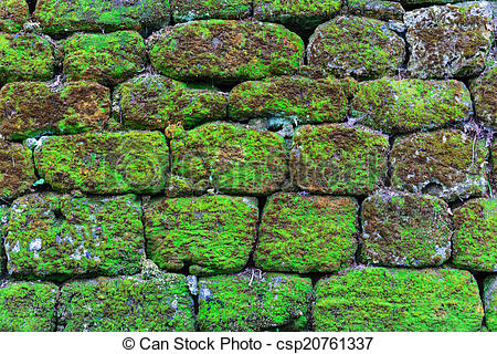 Stock Photos of Old stone wall overgrown with moss csp20761337.