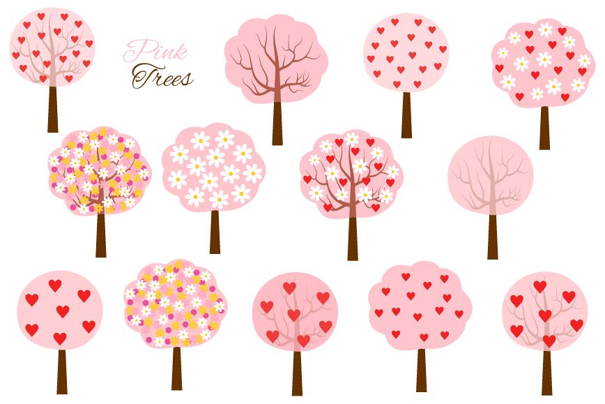 Pink romantic trees clipart set, Love heart trees.