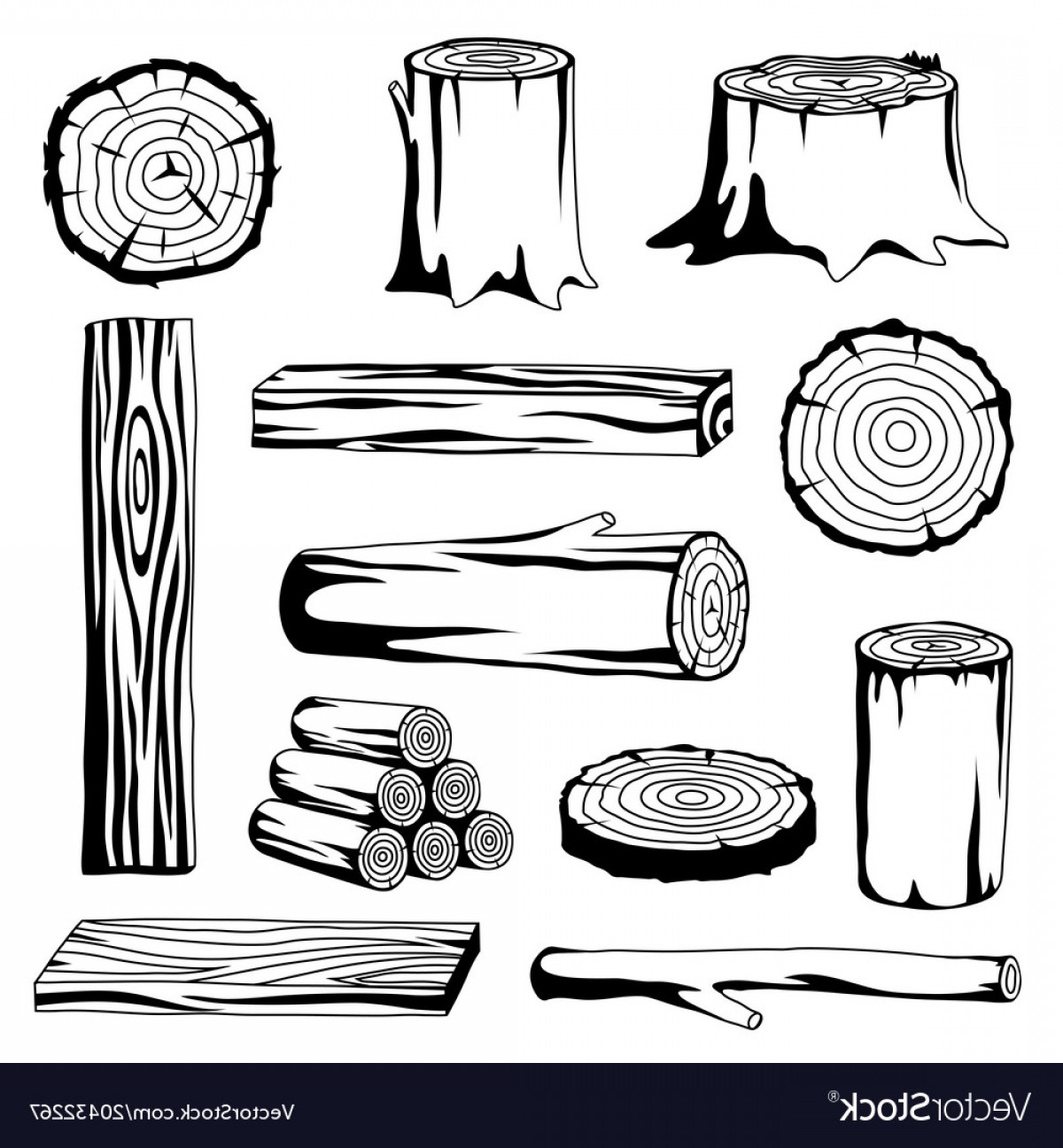 Set Of Wood Logs For Forestry And Lumber Industry Vector.