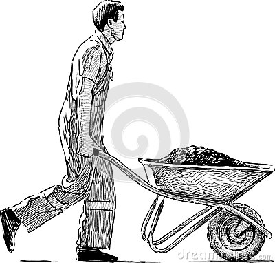 Construction Worker Pushing Wheelbarrow Stock Illustrations.