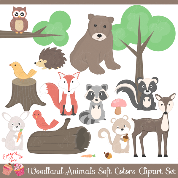 Wood land Animals in Soft Colors Clipart Set.