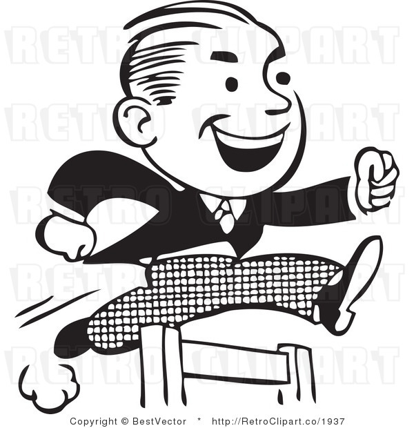 Retro clipart of hard working businessman jumping hurdles.