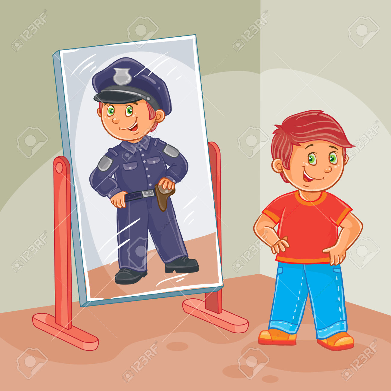 Vector Illustration Of A Little Boy Dreams Of Becoming A Police.