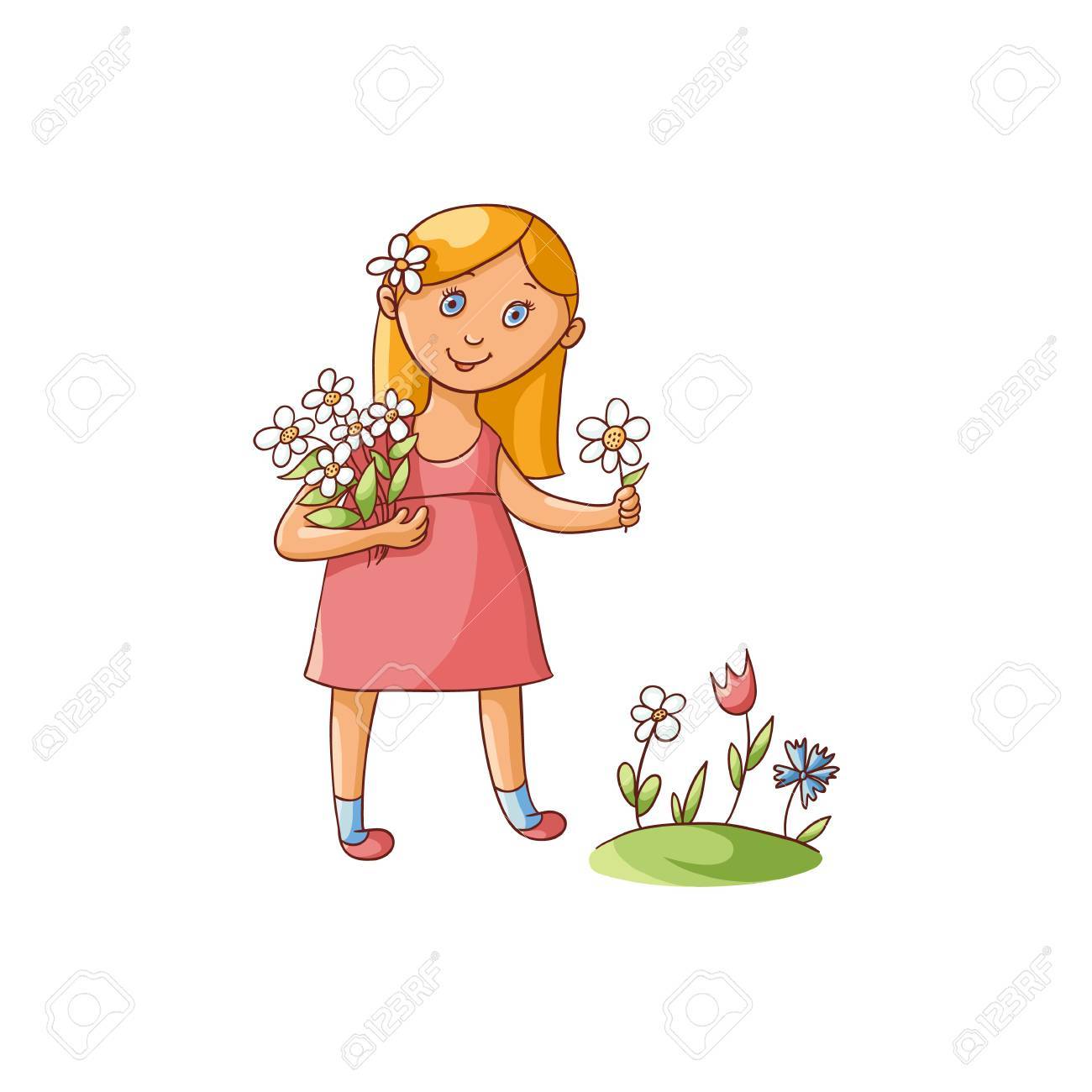 Cute little girl in summer dress picking flowers on the field,...