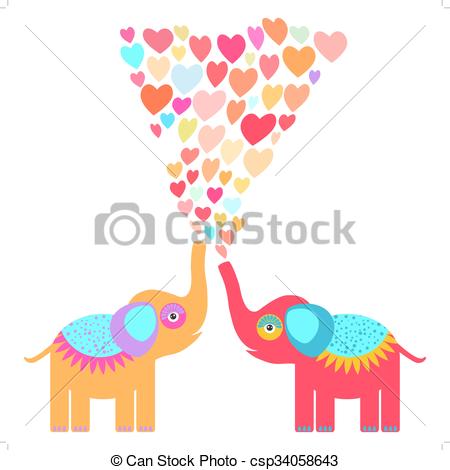 EPS Vector of Two cute orange and red elephants with pink lilac.