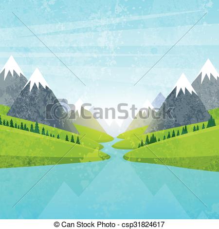 Vector Clip Art of Mountain Water River Landscape Forest Green.