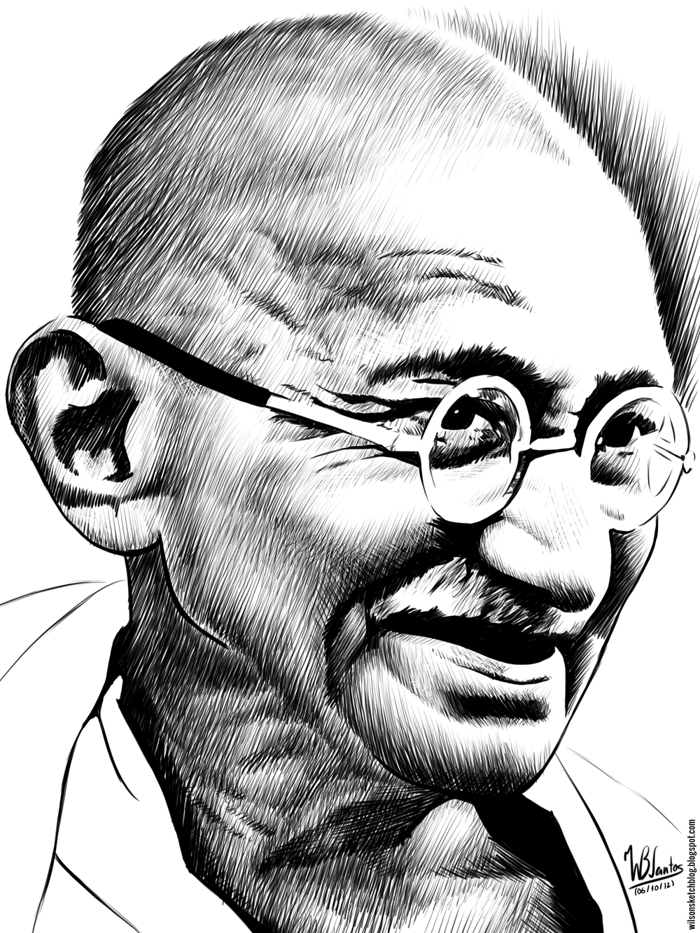 Ink drawing of Mahatma Gandhi.