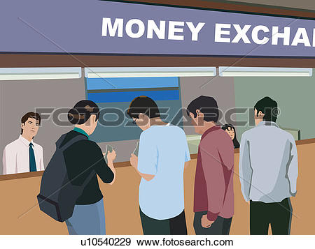 Stock Illustration of Rear view of people at money exchange.