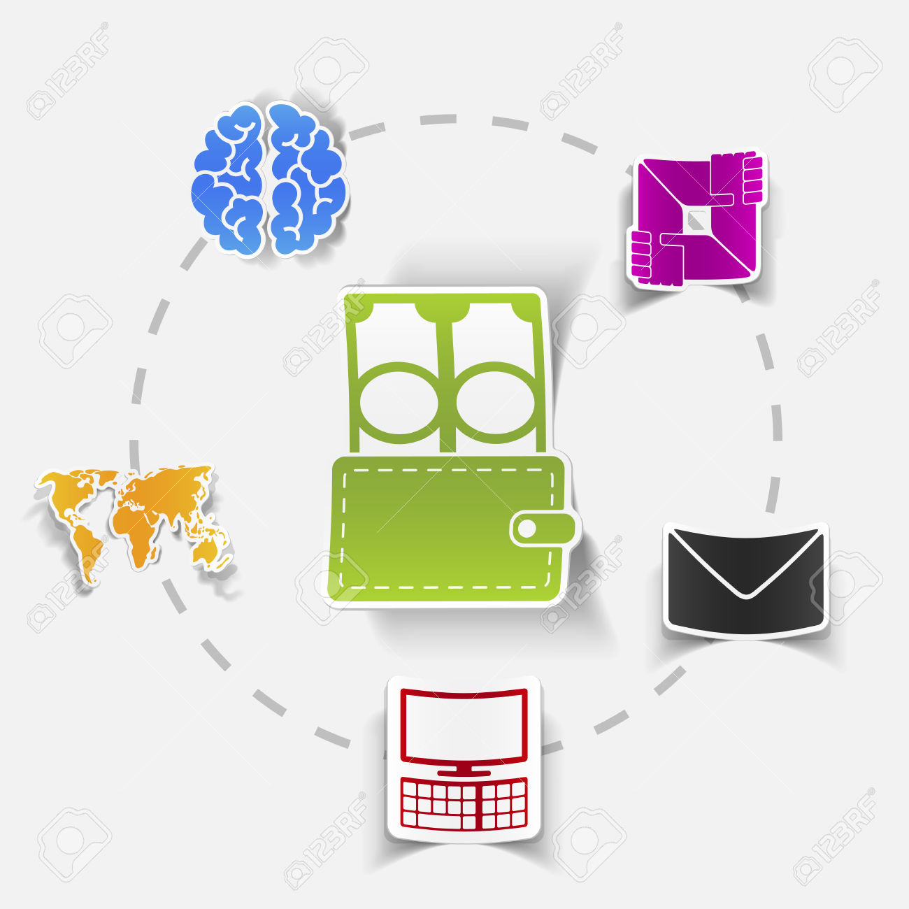 Social Concept: Envelope, Computer, Brain, Wallet, Money, Map.