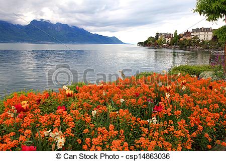 Stock Photos of landscape with flowers and Lake Geneva, Montreux.