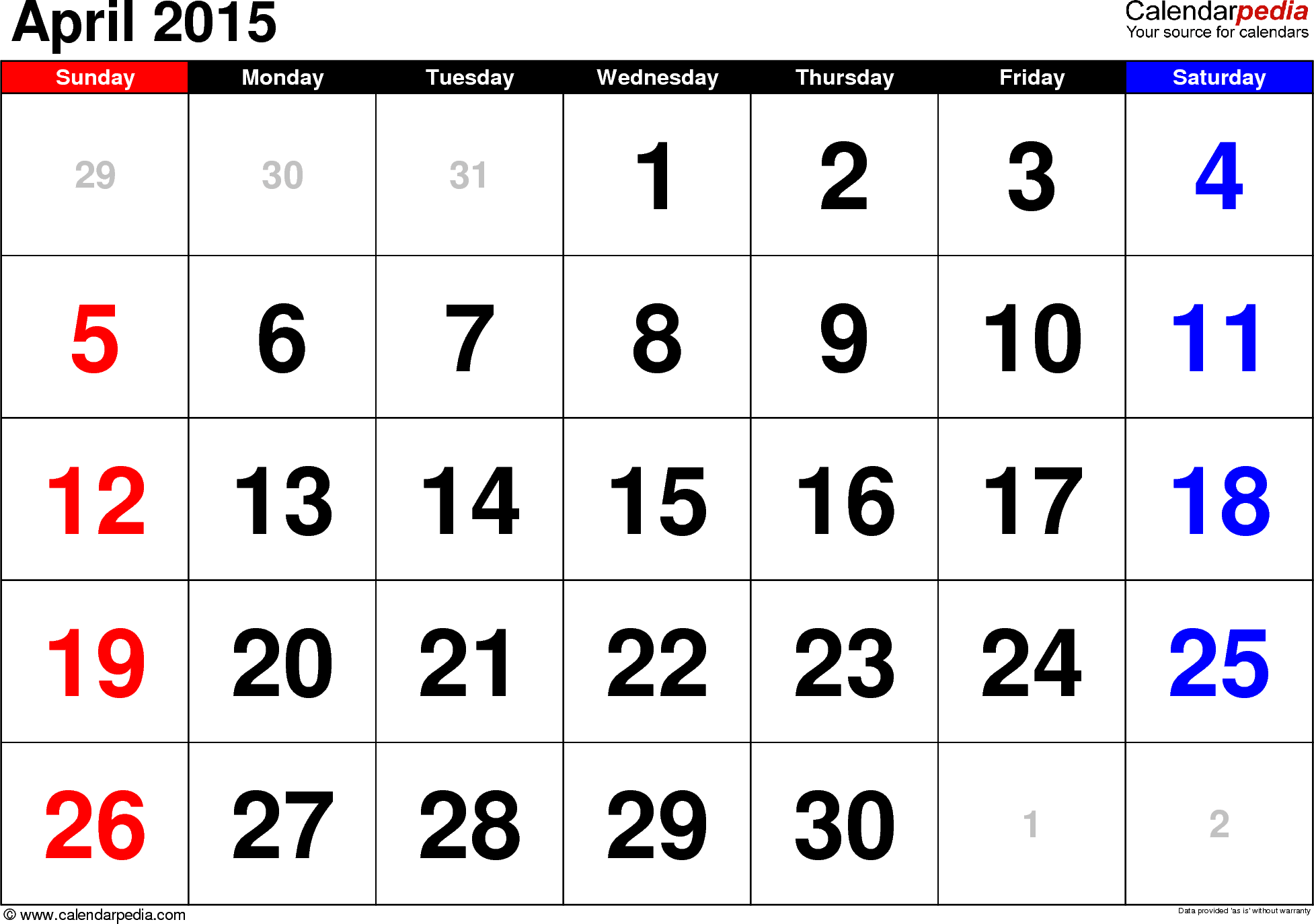 april calendar 2015 template.