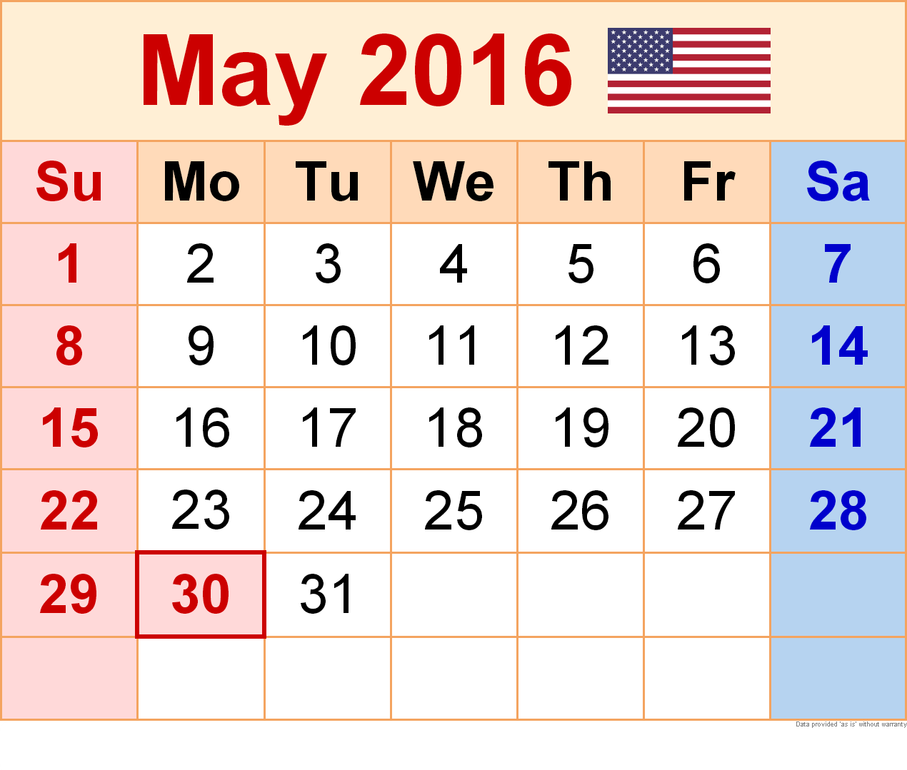 May 2016 Blank Printable Calendar.