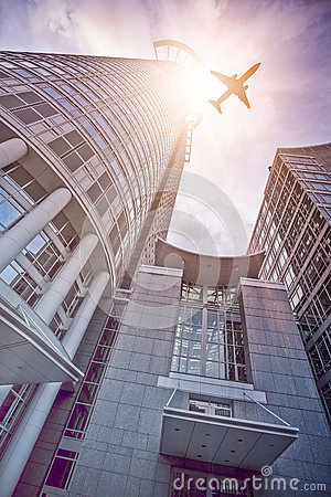 Frankfurt Skyscraper With Plane Stock Photo.