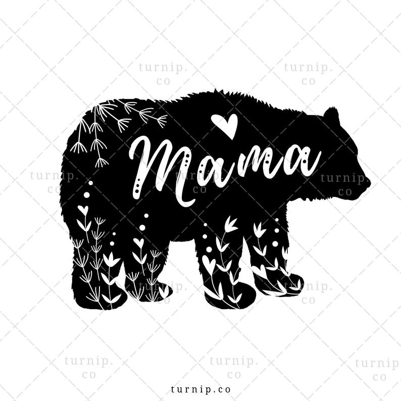 Mama Bear Clipart Sublimation Design Graphic, Instant Digital Download,  Commercial Use, Mothers Day, Wild, Flower, Black & White, Floral.