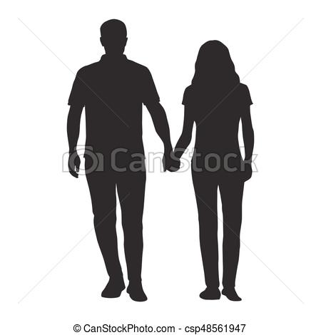 Couple holding hands, man and woman dating, vector silhouette. People in  love.