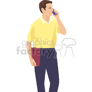 A Man Talking on a Cell Phone Holding a Book clipart. Royalty.