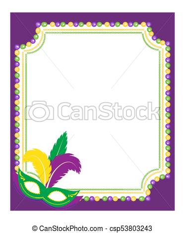 Mardi Gras beads colored frame with a mask, isolated on white background.  Template poster. Vector illustration..