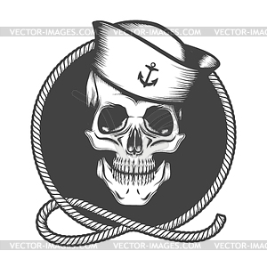 Skull in Sailor Hat on Marine Rope Loop Emblem.