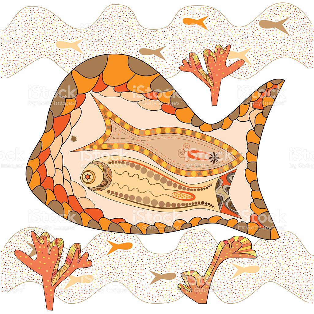 Graphic Maritime Landscape Of Brown And Beige Fish stock vector.