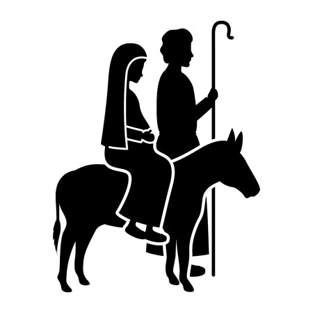 virgin mary in mule and saint joseph silhouettes vector.