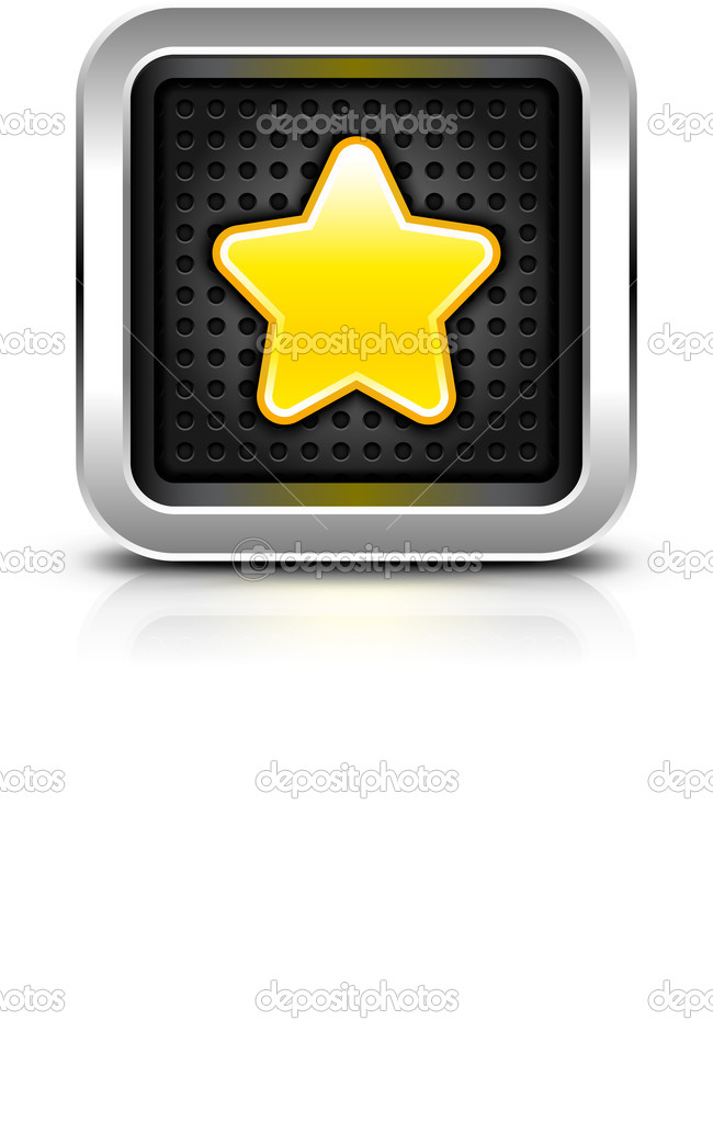 Yellow gold star icon chrome metal frame button dark perforation.