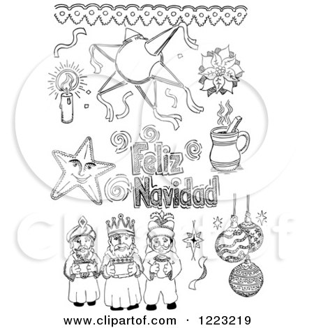 Clipart of Black and White Sketched Mexican Christmas Items.