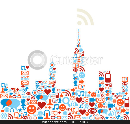 Social media network city concept stock vector.