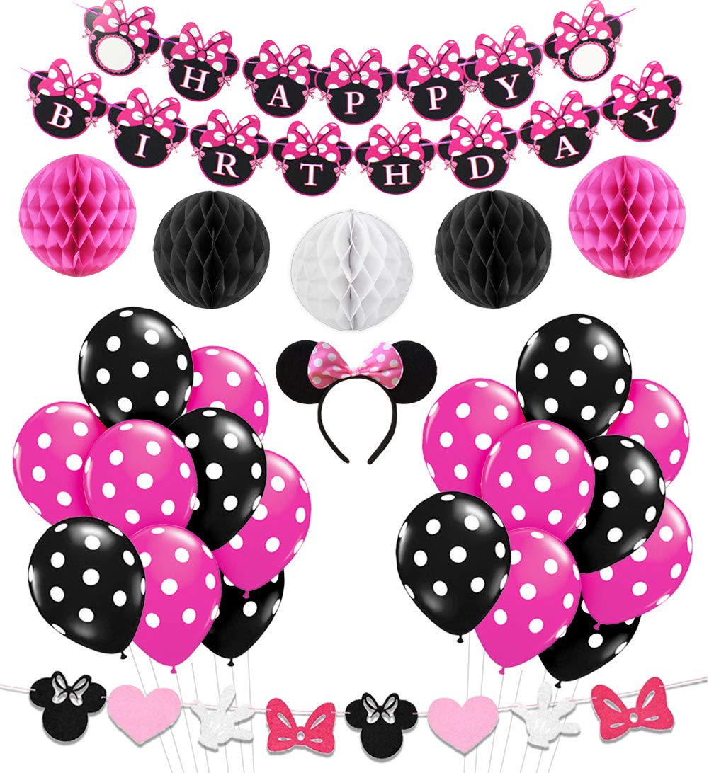 Minnie Mouse Party Decorations Supplies Pink Minnie Ears Birthday Banner  Garland for Girls 1st 2nd Birthday Decorations.