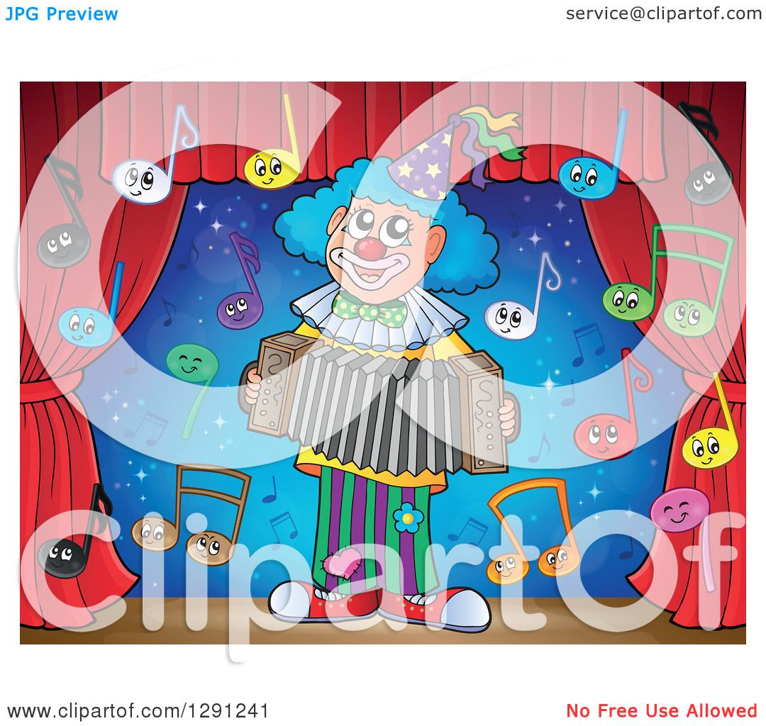 Clipart of a Stage with Happy Music Note Characters and a Clown.