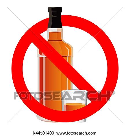 Bottle of alcohol drink and stemware in no allowed sign Clip Art.