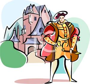 Colorful Cartoon of an English Noble Standing In Front of a Castle.