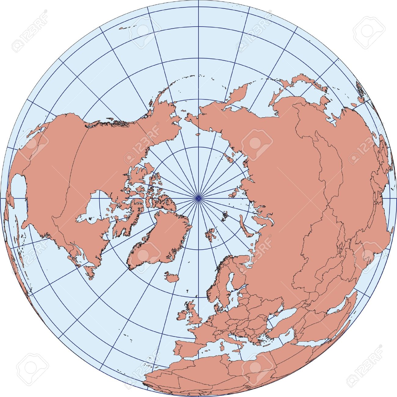 Globe Map Centered On The North Pole. Ortographic Projection.