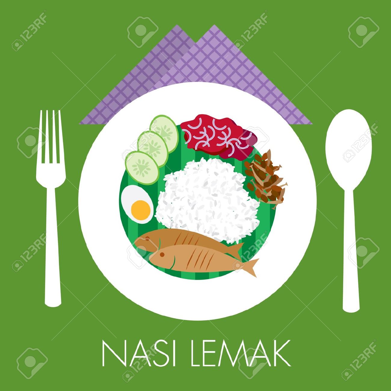 Malay Traditional Coconut Milk Rice Nasi Lemak With Sambal Peanut.