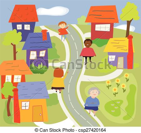 Clip Art Vector of Walking in the Neighborhood.