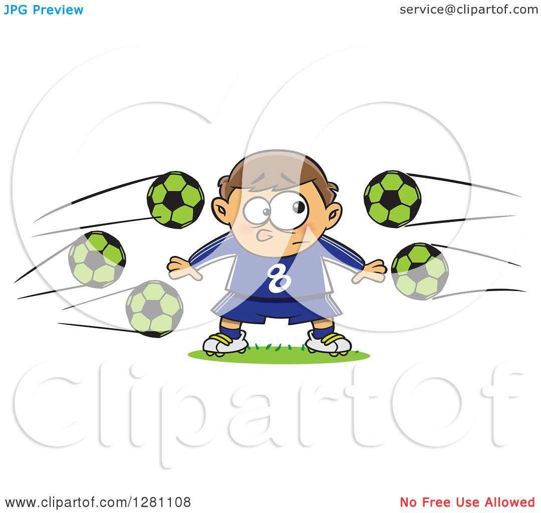 Cartoon Clipart of a Nervous Goal Tender Caucasian Boy with Soccer.