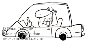 A Smiling Man Driving a Car In Black and White Clipart Image.