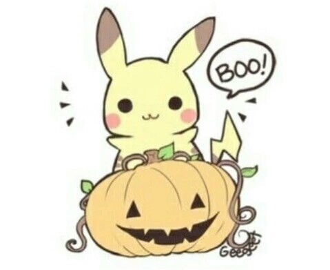 Happy Halloween, Pikachu, pumpkin, text, cute, chibi; Pokemon.