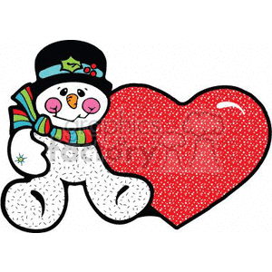 Happy Snowman with a Black Hat and Colorful Scarf Sitting Next to a Large  Red Heart clipart. Royalty.