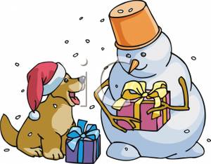 A Colorful Cartoon of a Snowman and Dog with Christmas Gifts.