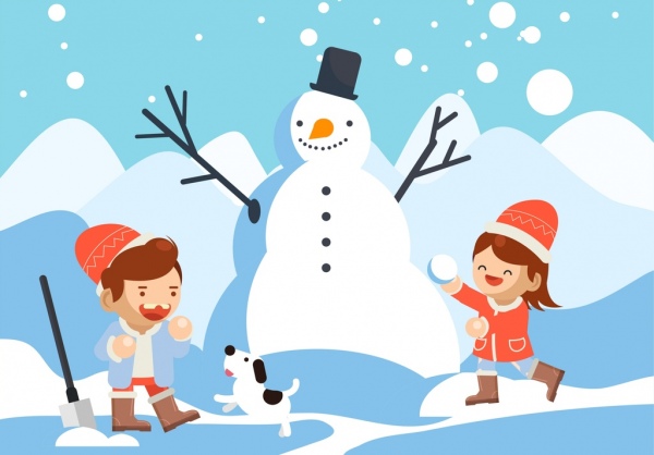 Winter background playful children snowman icons cartoon.