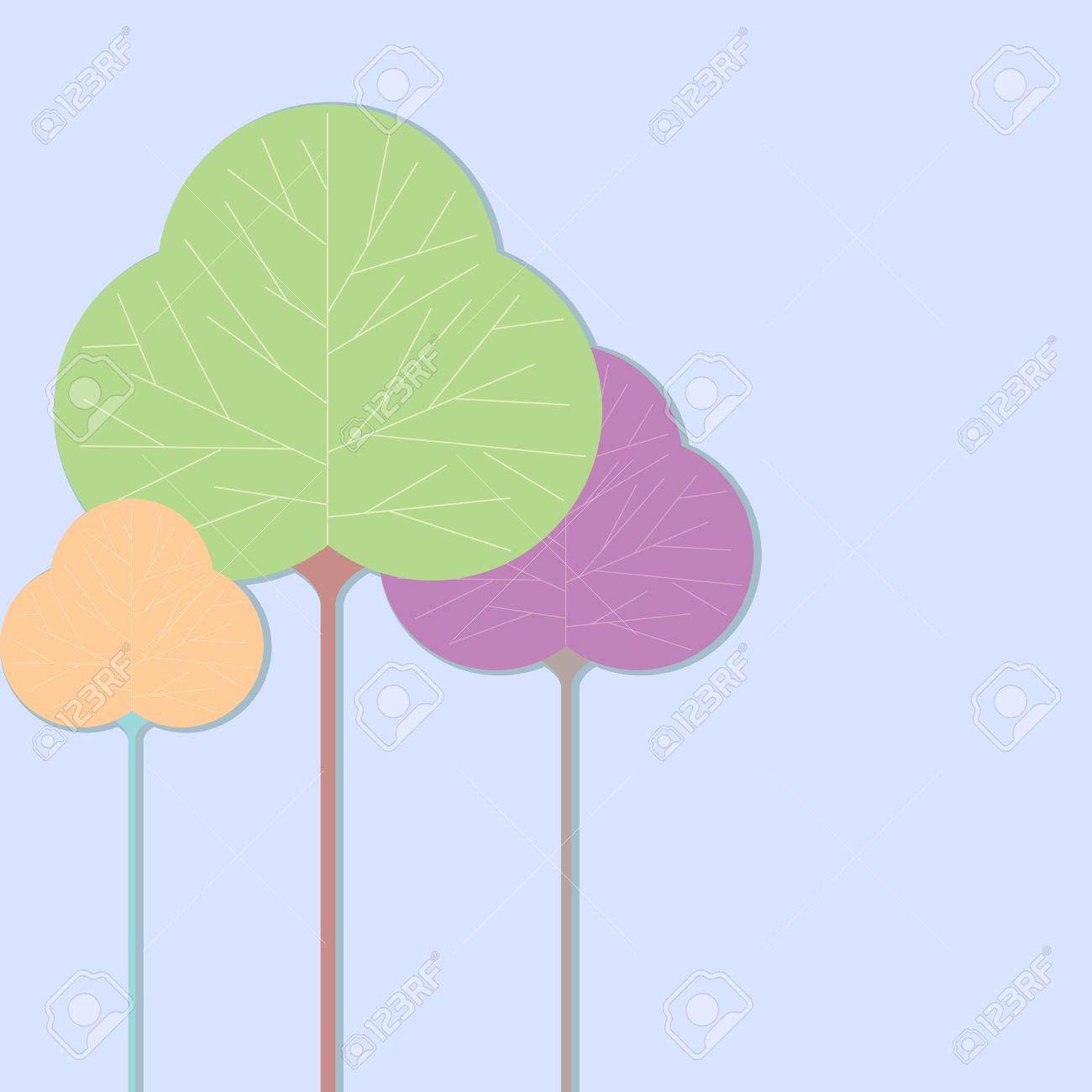 Three Leaf Shaped Tree Illustrations On A Solid Color Background.