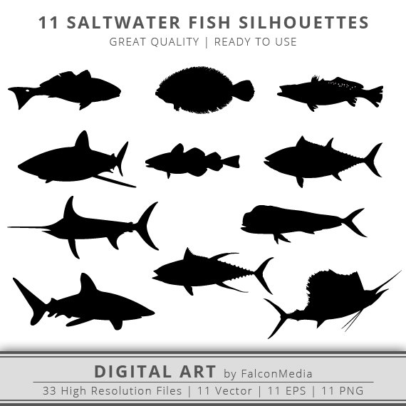 11 Saltwater Fish Silhouettes Clip Art Cut Files Instant.