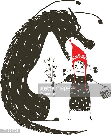 Little Red Riding Hood and Black Scary Wolf Clipart Image.