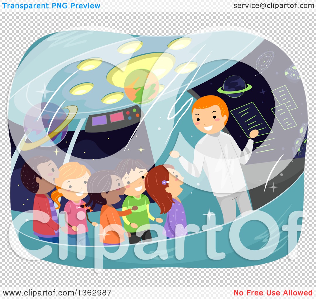 Clipart of a Man Giving a Tour to School Children on a Space Ship.