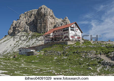 Stock Photograph of Dreizinnenhutte, in back Sextnerstein, Sexten.